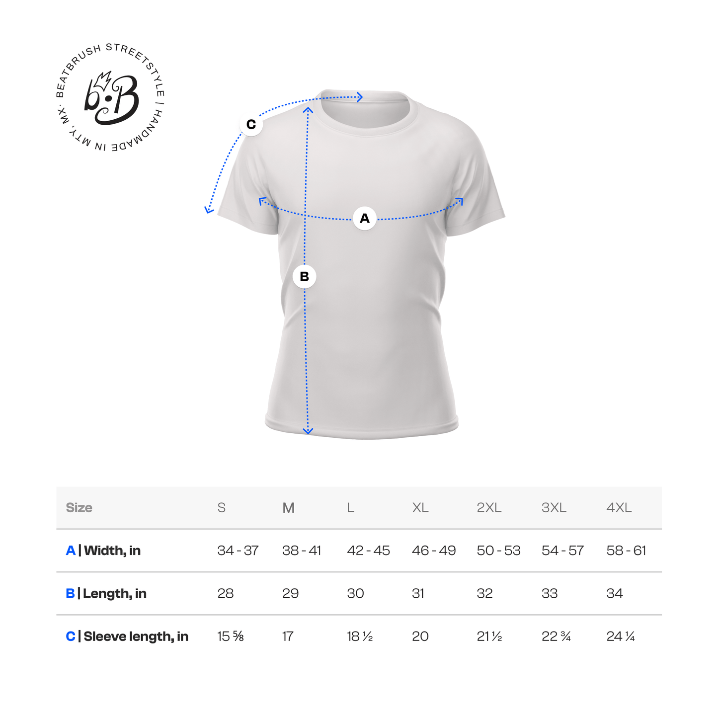 Sizing chart for Legends of Rhythm drummer tribute t-shirt, detailing dimensions for fits ranging from S to 4XL.