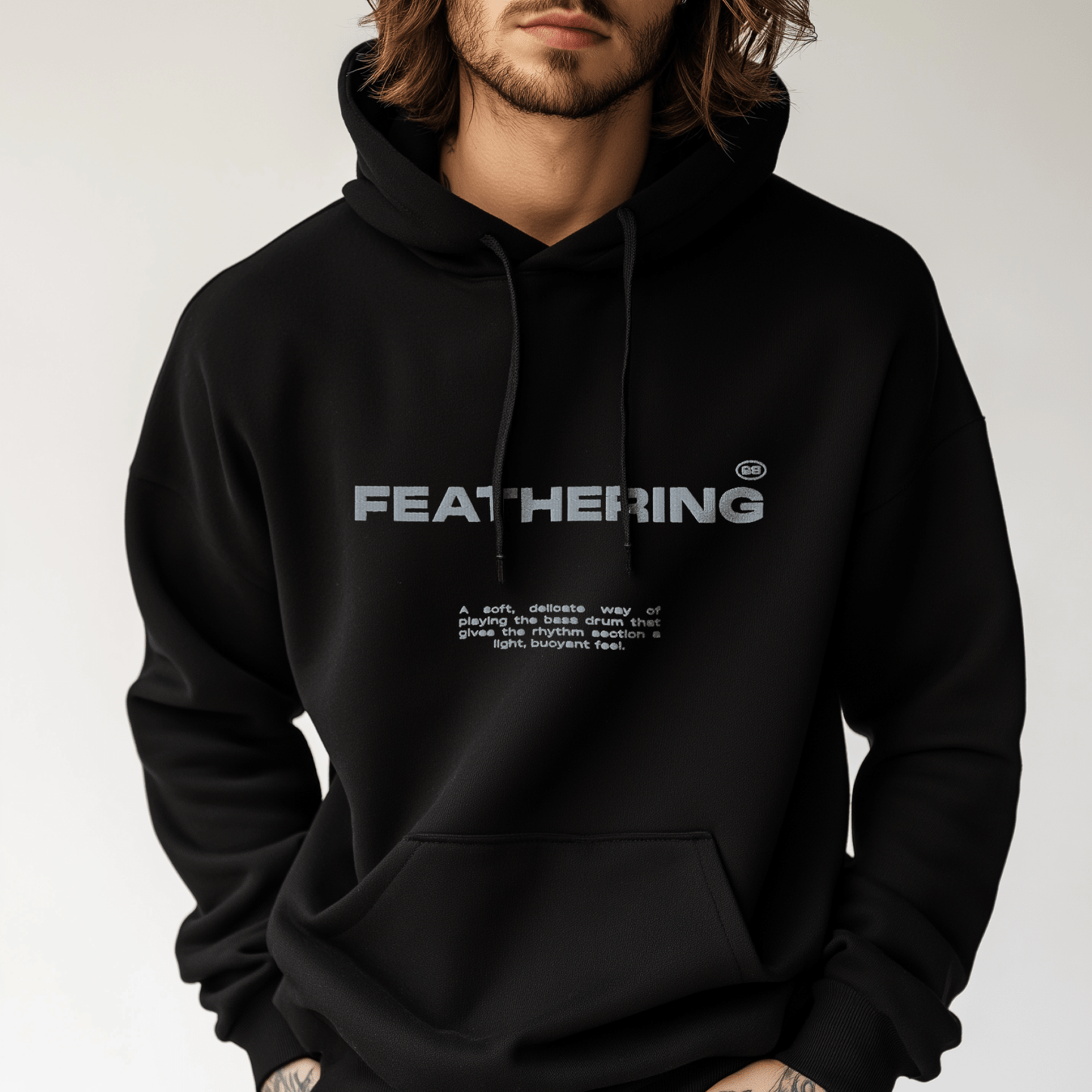 Rhythmic Minimalism Hoodie – Unisex Hoodie Featuring Embroidered “Feathering” Phrase | Premium Cotton Blend