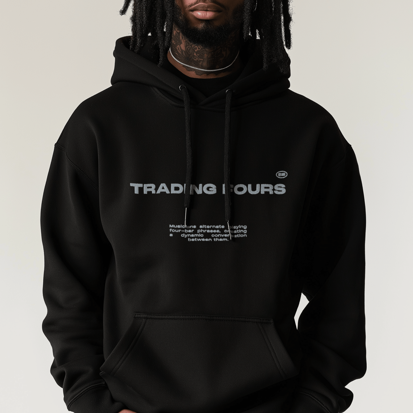 Rhythmic Minimalism Hoodie – Unisex Hoodie Featuring Embroidered “Trading Fours” Phrase | Soft Cotton Blend