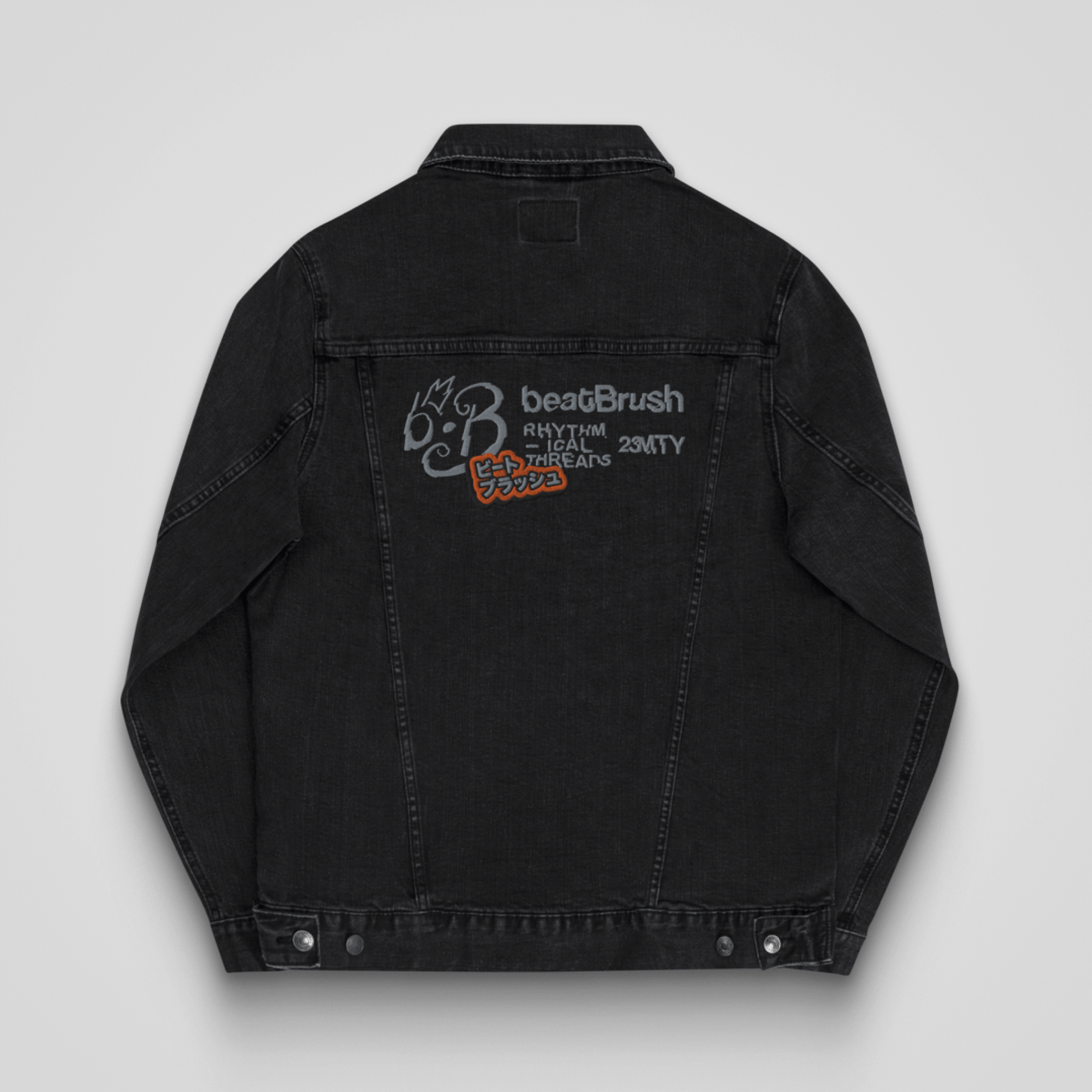 Breaking Rhythms Denim Jacket – Distressed Japanese Katakana Embroidery