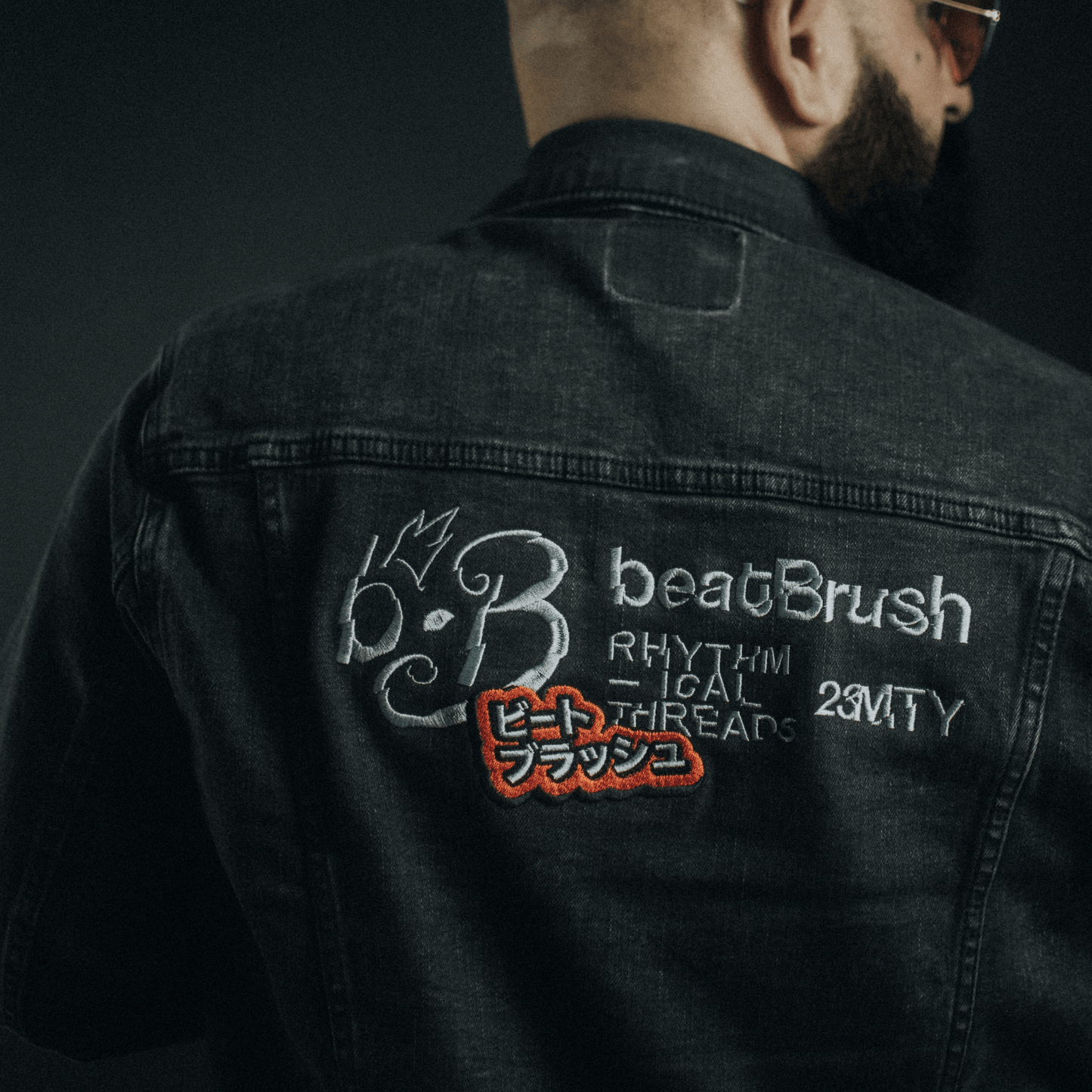 Breaking Rhythms Denim Jacket – Distressed Japanese Katakana Embroidery