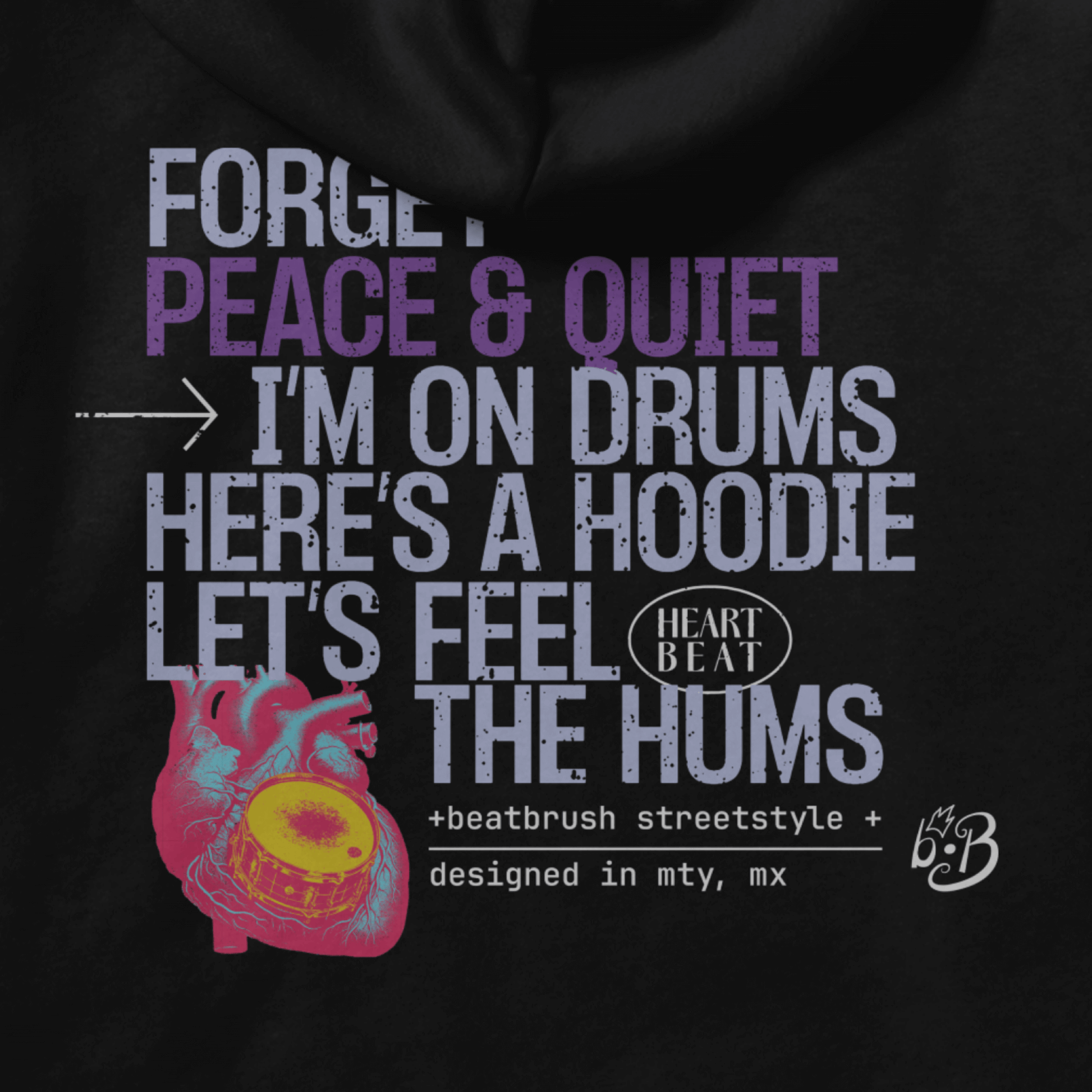 Close-up of the drum print design on theUnsilent Society Drummer Hoodie - Drumbeat Inspired Streetwear.