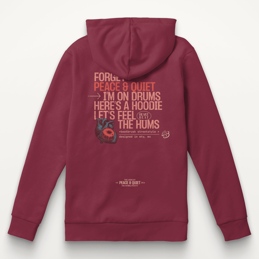 Back view of Unsilent Society Drummer Hoodie in maroon featuring drum-inspired typographic design.