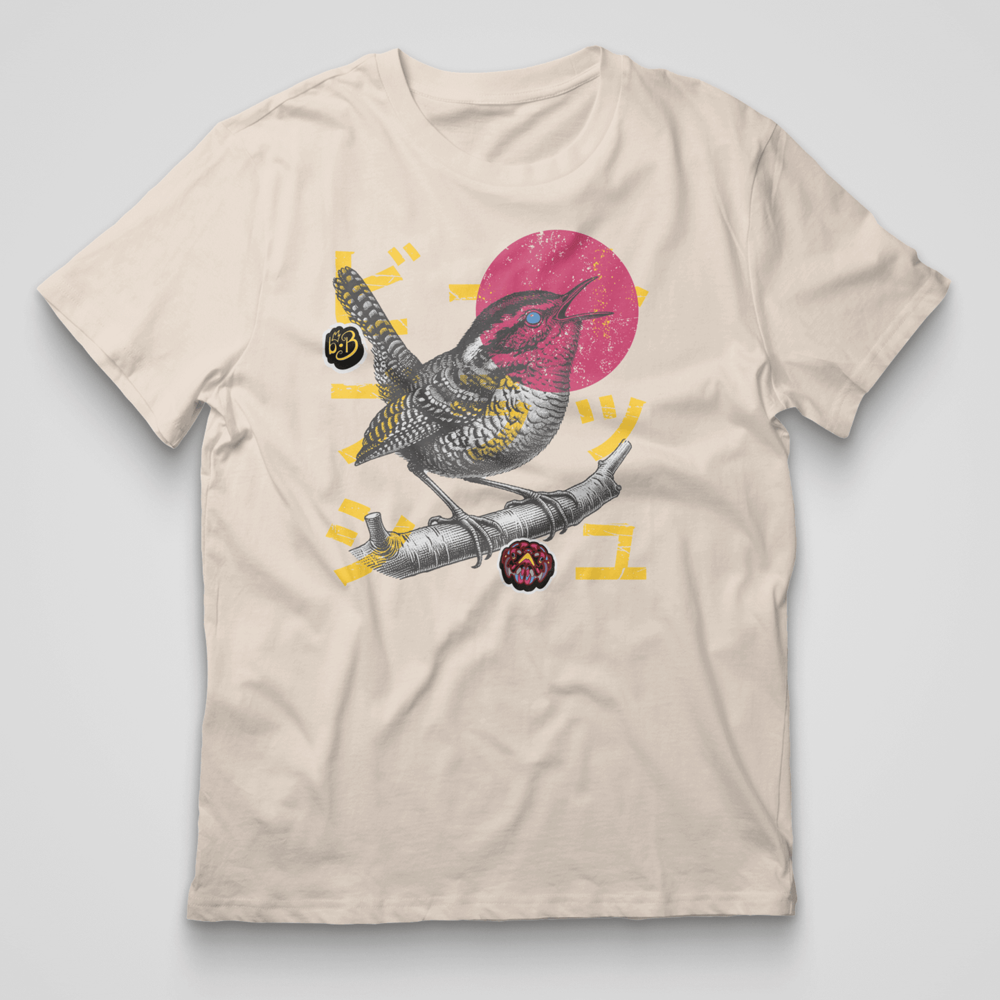 Vintage Engraved Singing Wren T-Shirt - Modern Bold Typography with Japanese Streetwear Inspired Graphics