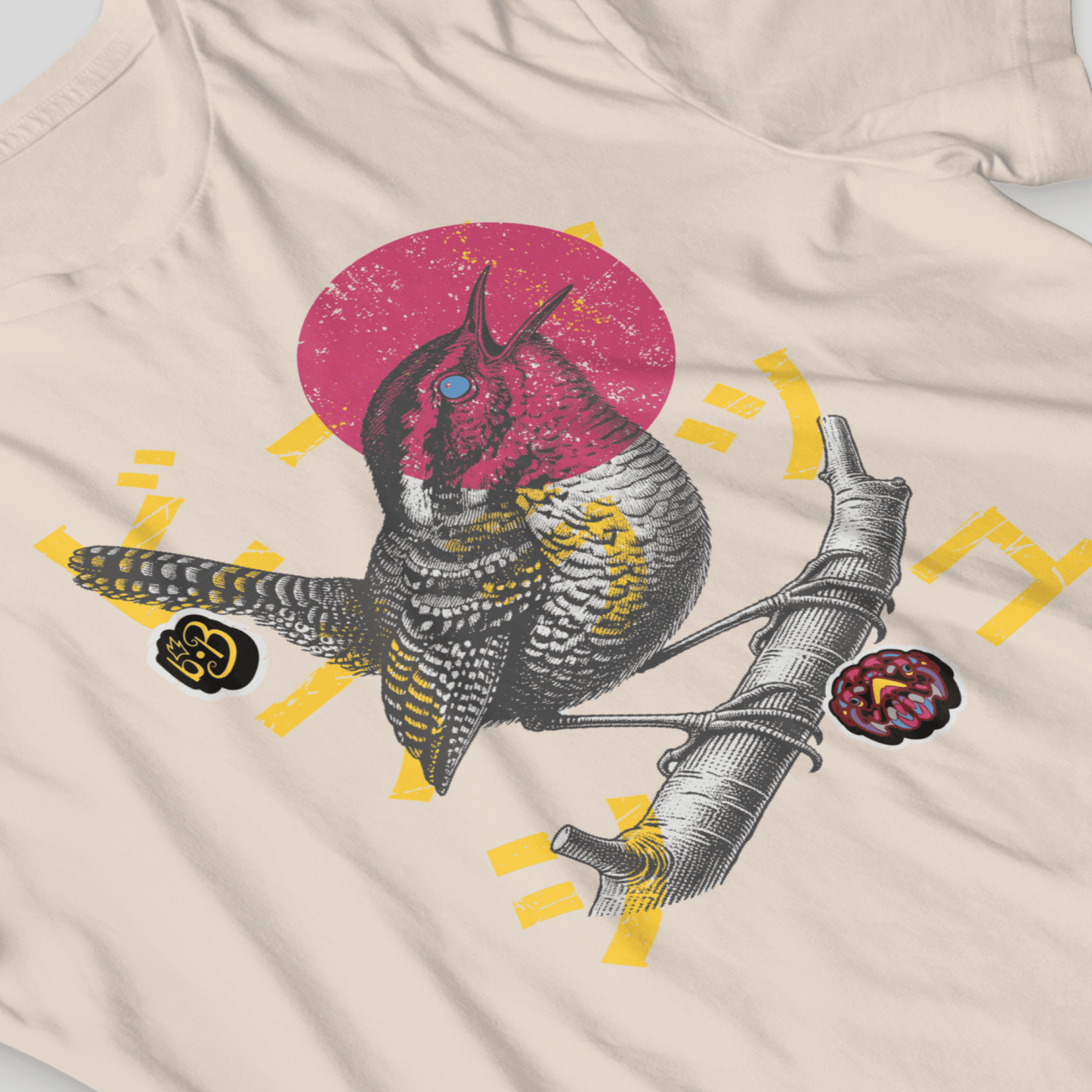 Vintage Engraved Singing Wren T-Shirt - Modern Bold Typography with Japanese Streetwear Inspired Graphics