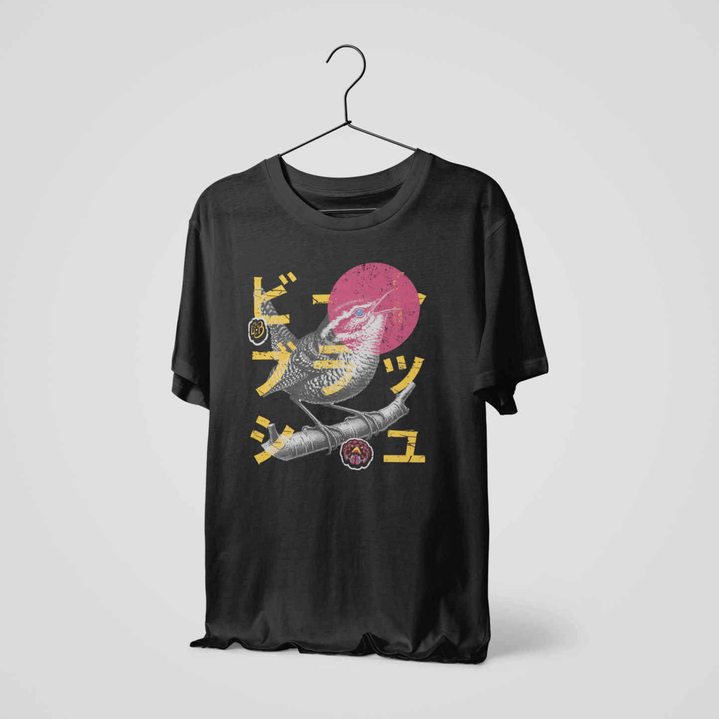 Vintage Engraved Singing Wren T-Shirt - Modern Bold Typography with Japanese Streetwear Inspired Graphics