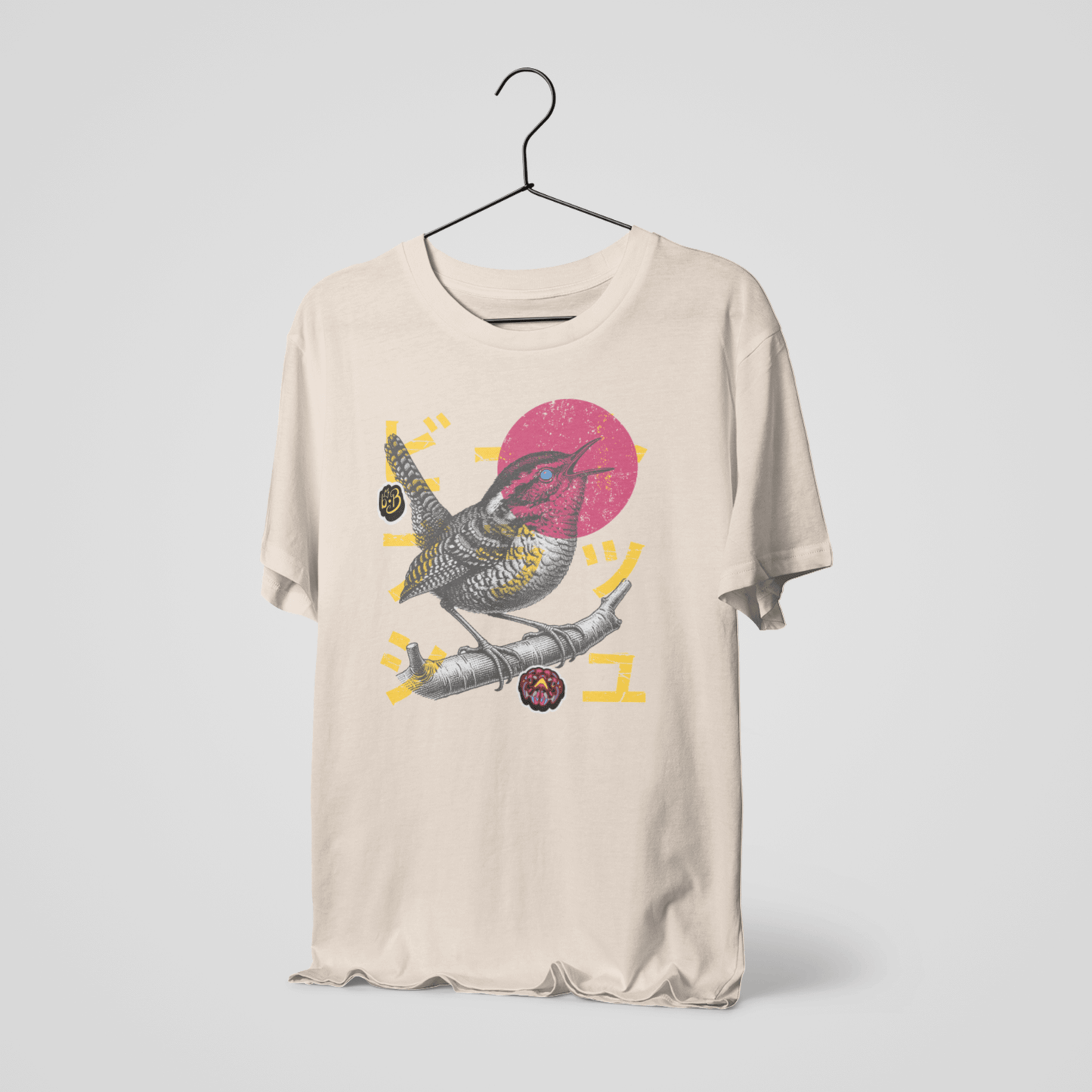 Vintage Engraved Singing Wren T-Shirt - Modern Bold Typography with Japanese Streetwear Inspired Graphics