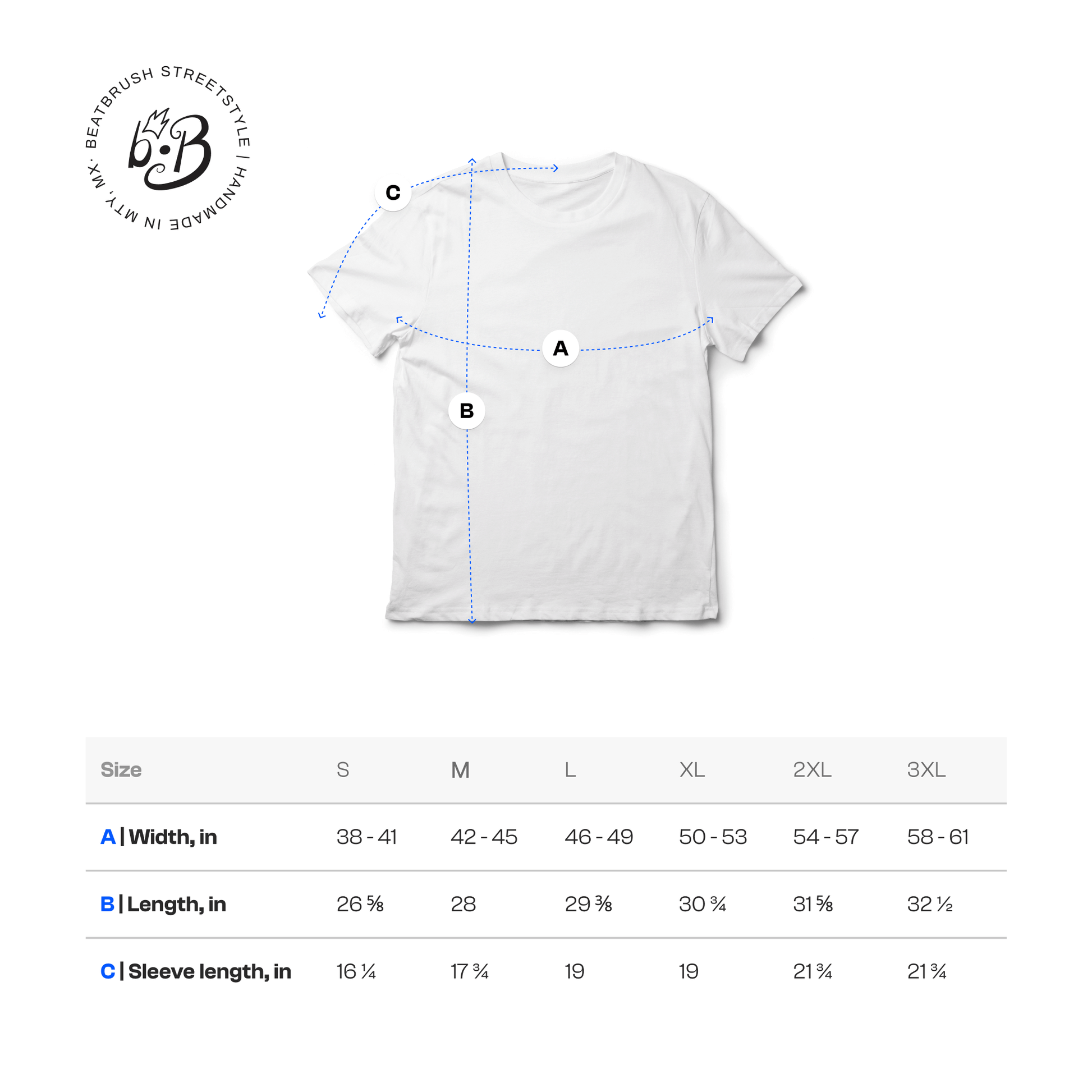 Size chart for the Classic Drums Heroes t-shirt range, indicating dimensions for small to triple extra-large sizes.