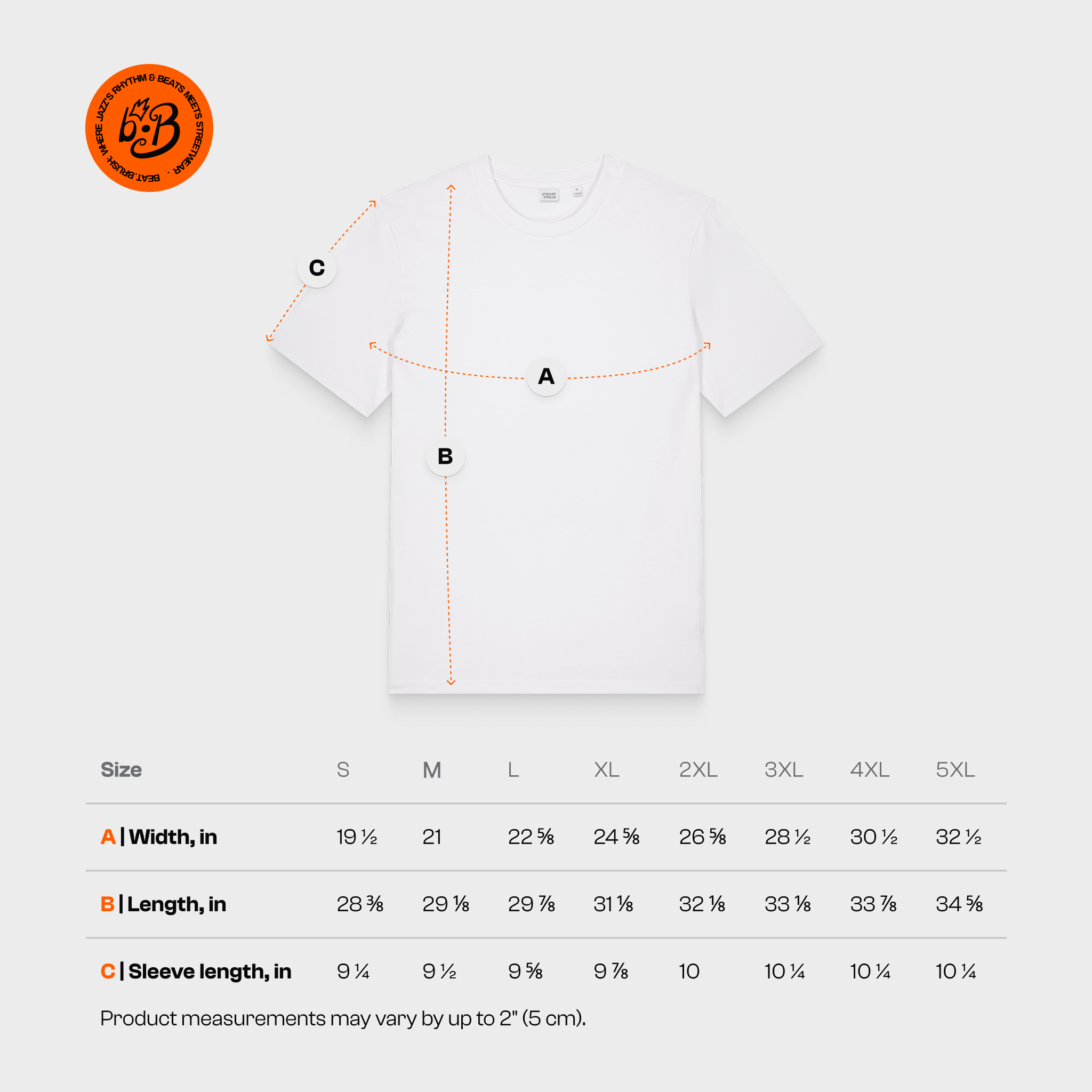 Measurement chart for a white t-shirt with size chart on a light gray background