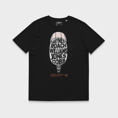 Classic Drums Heroes Tee — Jazz Legend Tribute Shirt (Haynes / Roach / Williams / Jones / Cobb)