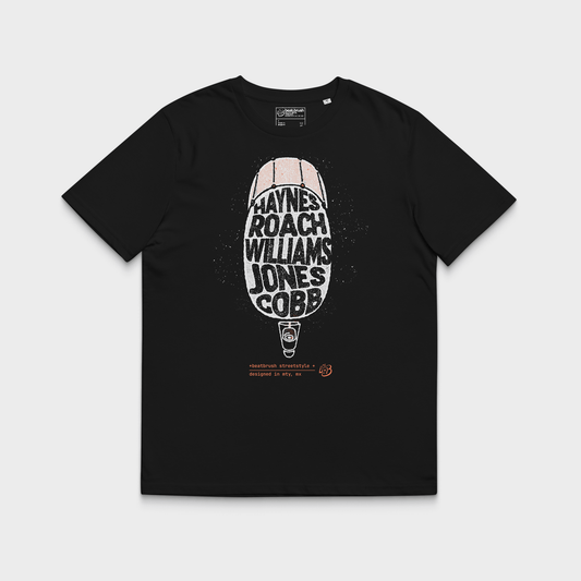 Classic Drums Heroes Tee — Jazz Legend Tribute Shirt (Haynes / Roach / Williams / Jones / Cobb)