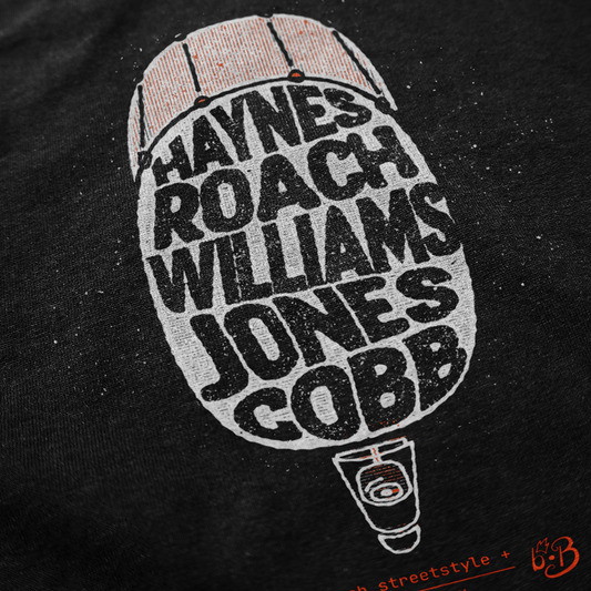 Classic Drums Heroes Tee — Jazz Legend Tribute Shirt (Haynes / Roach / Williams / Jones / Cobb)
