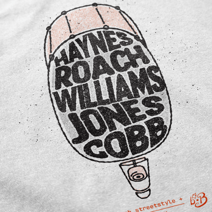 Classic Drums Heroes Tee — Jazz Legend Tribute Shirt (Haynes / Roach / Williams / Jones / Cobb)