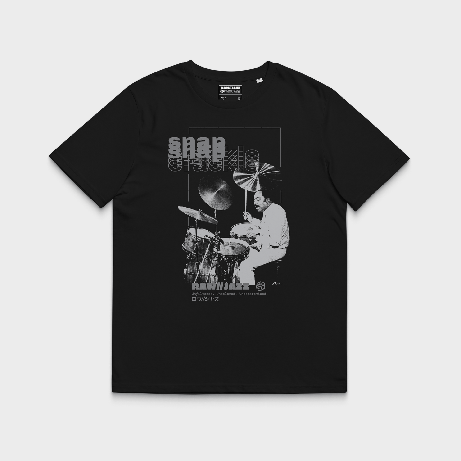 Black t-shirt with a graphic of a Roy Haynes playing drums and text on a white background