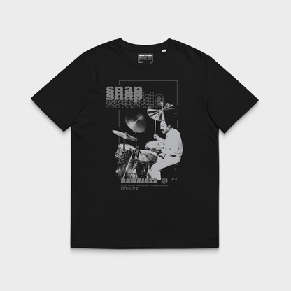 Black t-shirt with a graphic of a Roy Haynes playing drums and text on a white background